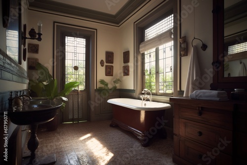 Interior of a vintage, colonial bathroom with a bathtub and a mirror. created with Generative AI © drixe