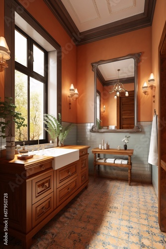 Bathroom interior in classic style and  Colonial style. Big window  mirror  and sink. created with Generative AI