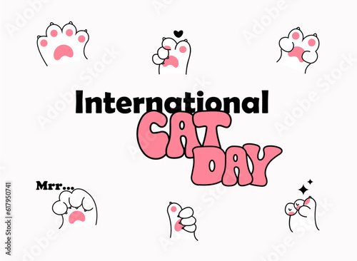 Hand drawn illustration international cat day background with cat paws