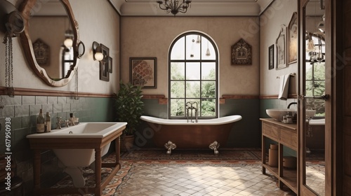 Vintage bathroom with a bathtub and a mirror. Colonial style. created with Generative AI