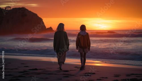 Heterosexual couple walking on the beach, holding hands at sunset. generated by AI