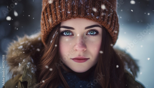Cute young woman in warm clothing enjoys snowy forest outdoors. generated by AI