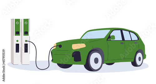 Modern electric smart suv car charging parking at the charger station with a plug in cable. Isolated flat vector