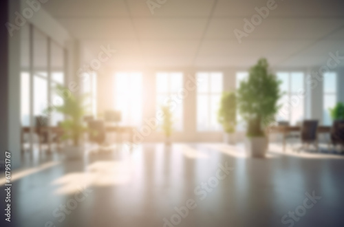 Blurred large modern office workspace in the morning , interior workplace with cityscape for business presentation background AI generated