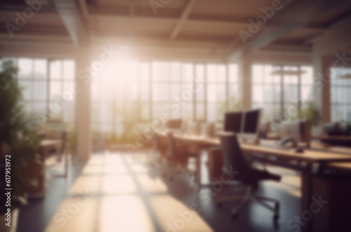 Blurred large modern office workspace in the morning , interior workplace with cityscape for business presentation background AI generated 