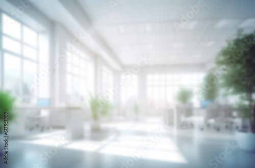 Blurred large modern office workspace in the morning   interior workplace with cityscape for business presentation background AI generated 