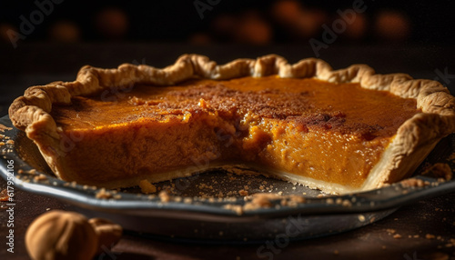 Freshly baked homemade pumpkin pie, a sweet indulgence for autumn. generated by AI