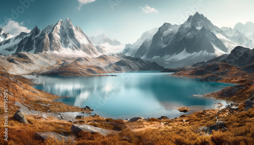 Majestic mountain range  tranquil scene  reflection in water  idyllic wilderness. generated by AI