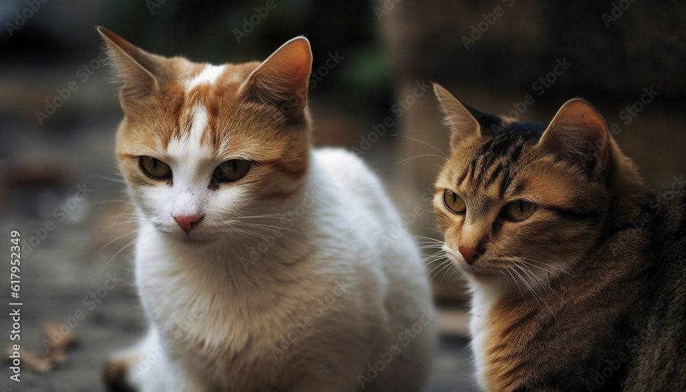 Cute kitten sitting outdoors, staring at camera with playful alertness. generated by AI