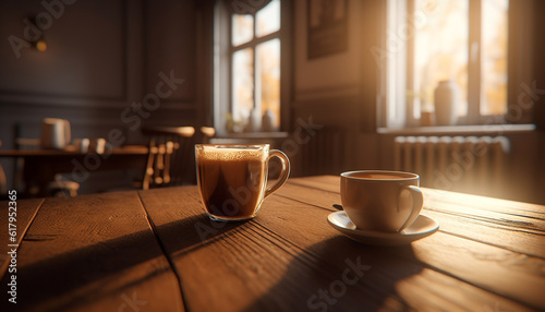 A frothy latte on a rustic coffee table in sunlight. generated by AI