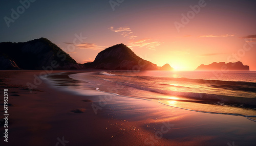 Golden horizon reflects tranquil beauty of nature's tropical coastline. generated by AI