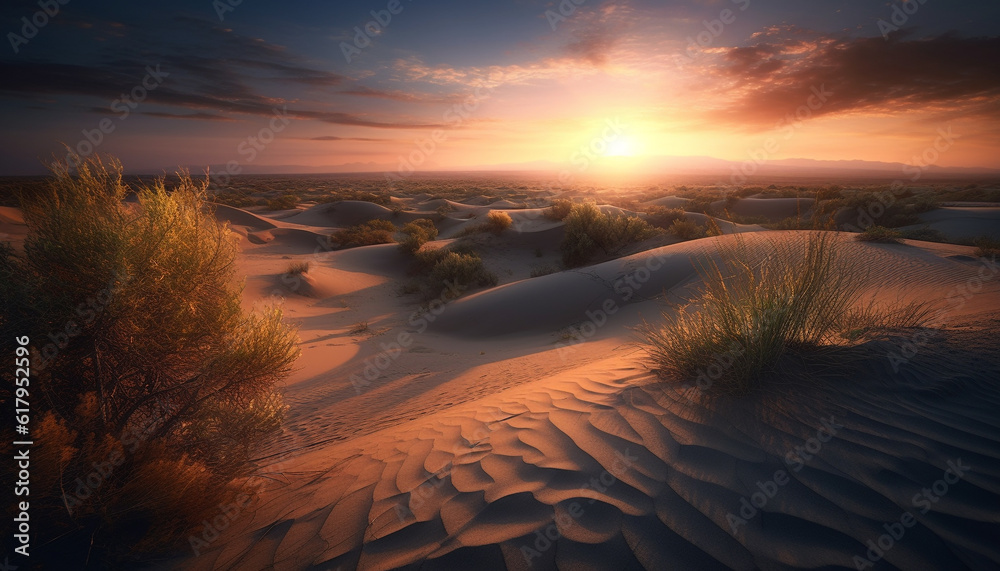 Majestic sand dunes ripple in the arid climate at sunset. generated by AI Majestic sand dunes ripple in the arid climate at sunset. generated by AI