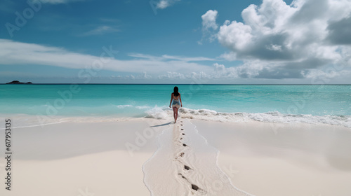 woman on her back with a trail of footprints on a paradisiacal beach