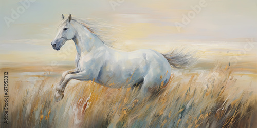 Illustration of a wild white horse running in full gallop  generative AI