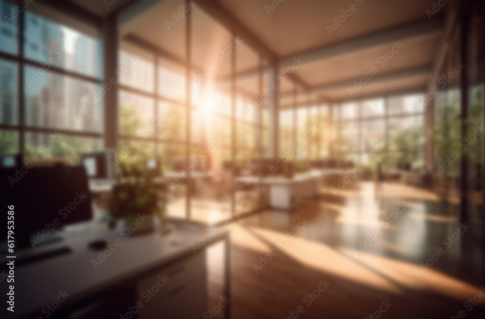 Fototapeta premium Blurred large modern office workspace in the morning , interior workplace with cityscape for business presentation background AI generated