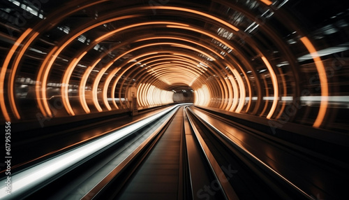 Blurred motion on futuristic subway train  vanishing point in dimly illuminated corridor generated by AI