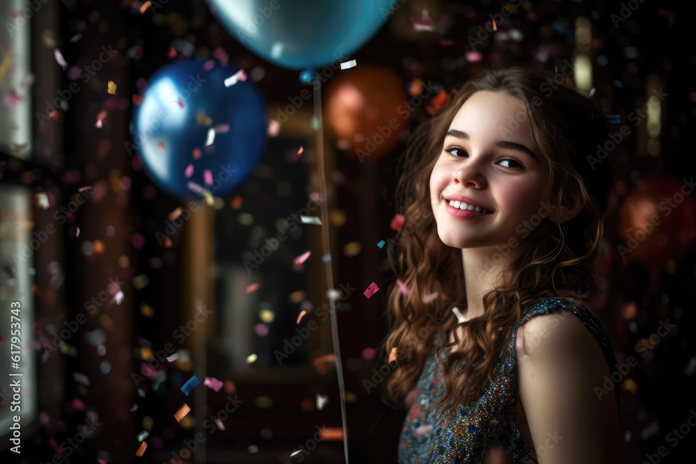 smiling girl with air balloons and falling confetti. home celebration party concept. generative AI smiling girl with air balloons and falling confetti. home celebration party concept. generative AI
