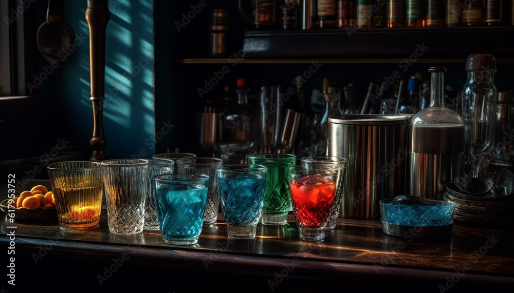 Nightlife celebration at the bar with fresh cocktails and whiskey generated by AI