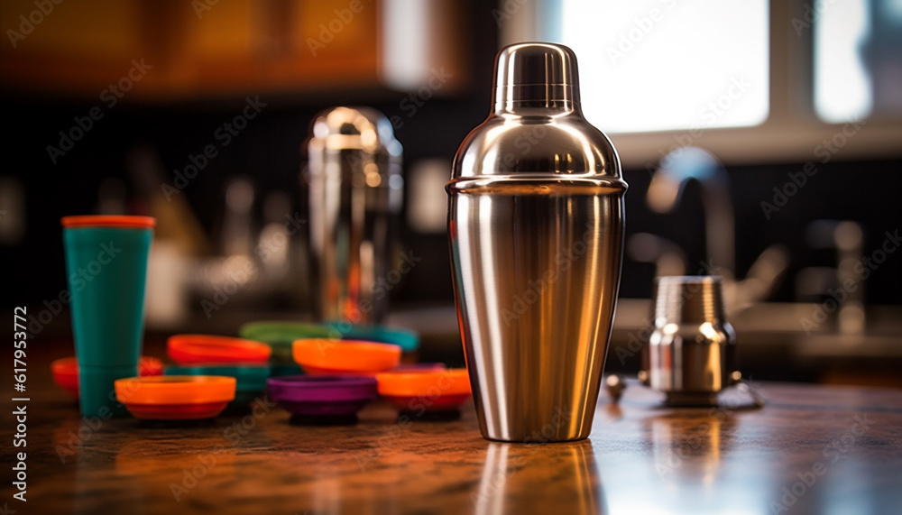 Naklejka premium A shiny glass bottle of alcohol on a wooden table generated by AI
