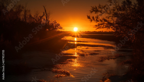 Golden horizon over tranquil water reflects beauty in nature landscape generated by AI