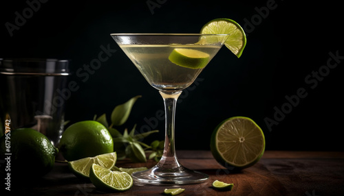 Refreshing lime cocktail with citrus fruit slice and ice cubes generated by AI