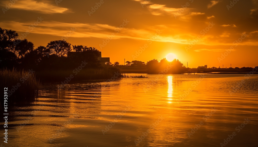Tranquil sunset silhouette reflects beauty in nature serene landscape generated by AI