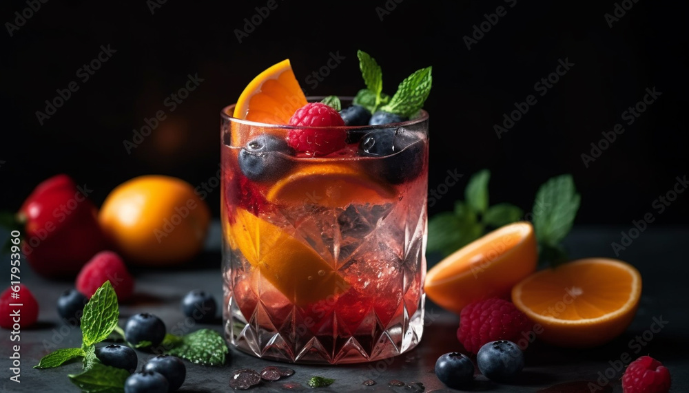Juicy berry cocktail with fresh blueberry and raspberry, mint leaf generated by AI Juicy berry cocktail with fresh blueberry and raspberry, mint leaf generated by AI