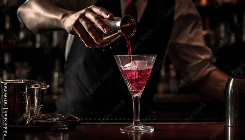 Adult bartender pouring fresh cocktails at elegant nightlife establishment generated by AI