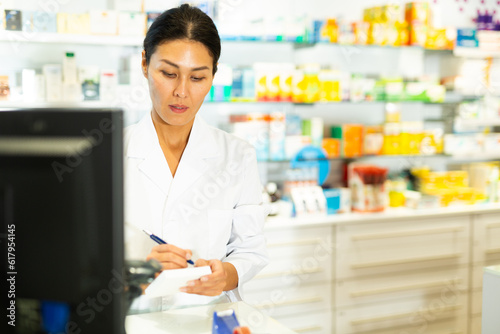 Asian woman doctor standing at counter in drugstore and writing recipe. Free Download Asian woman doctor standing at counter in drugstore and writing recipe. - GFXLoad