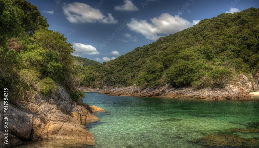 Tranquil scene of mountain peak, forest, and flowing water generated by AI Tranquil scene of mountain peak, forest, and flowing water generated by AI