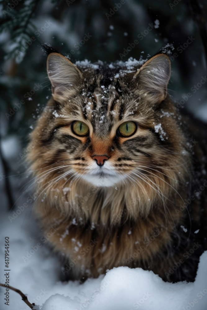 Majestic Maine Coon in a Serene Snowy Forest Majestic Maine Coon in a Serene Snowy Forest