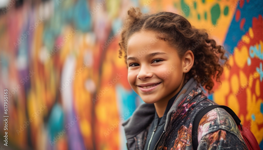 Smiling child with curly hair enjoys outdoors in casual clothing generated by AI Smiling child with curly hair enjoys outdoors in casual clothing generated by AI