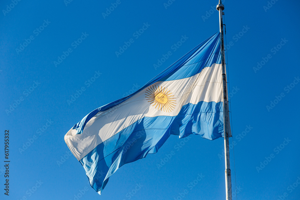Argentine flag blowing in the wind. National Flag Monument in Rosario city, Argentina.