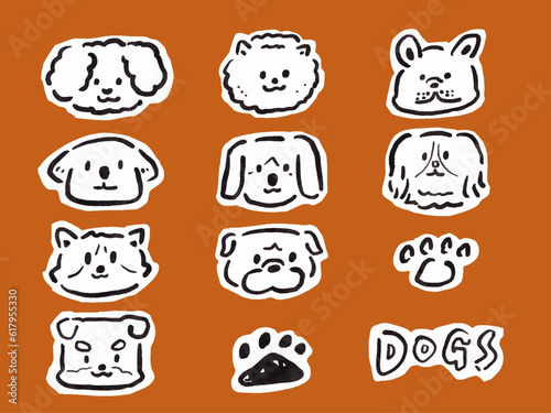 いろいろな種類の犬の顔のイラストセット　単色　手描き風