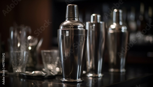Shiny metal bar equipment reflects a clean, elegant drink establishment generated by AI