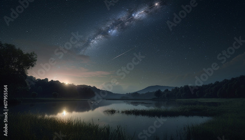 Tranquil scene of majestic mountain peak under starry Milky Way generated by AI