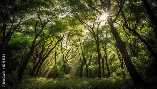 Tranquil forest landscape illuminated by vibrant sunlight and green growth generated by AI © Jemastock