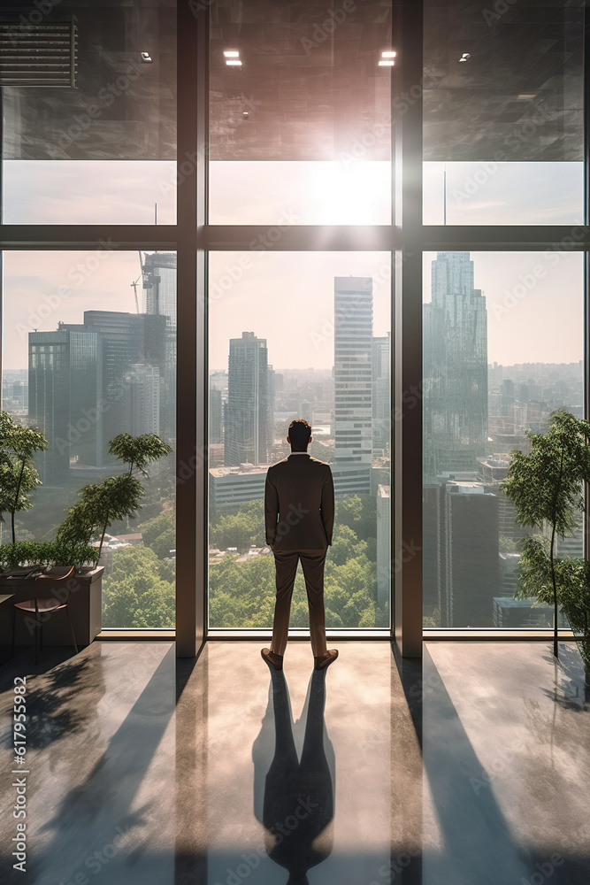 silhouette of a man standing in front of a window with a city AI generated