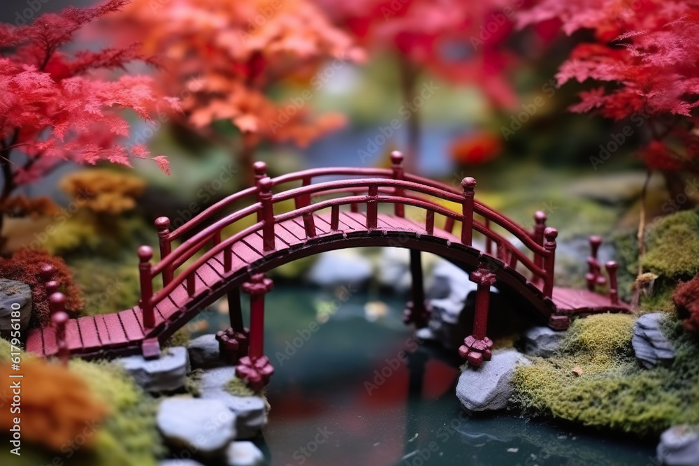 A miniature model of a bridge over a pond. Generative AI.