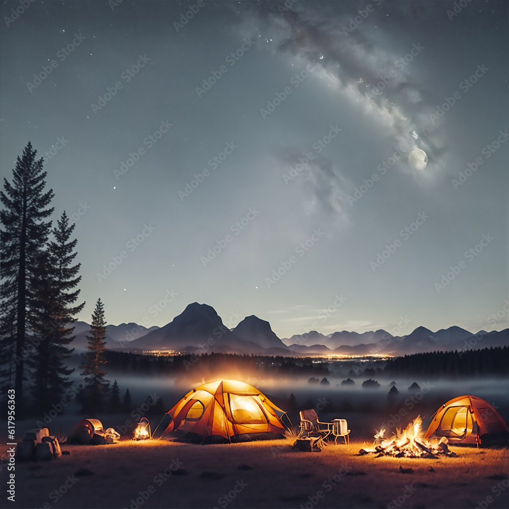 Night camp with a tent and campfire, on a starry night and a moon ...