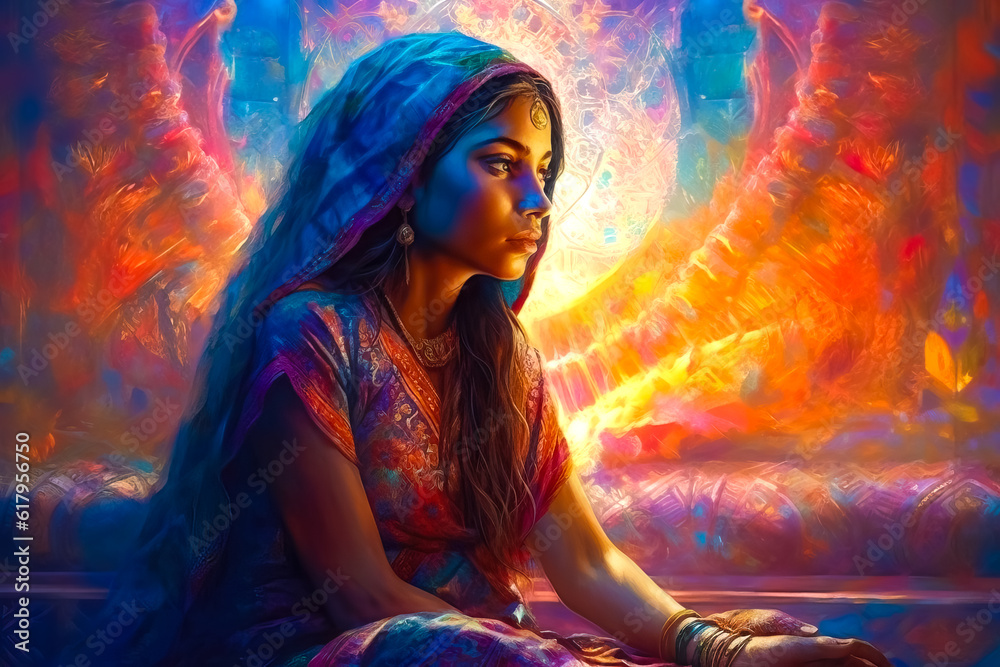 Illustration of beautiful young Indian woman meditation on esoteric shine background . Generative AI