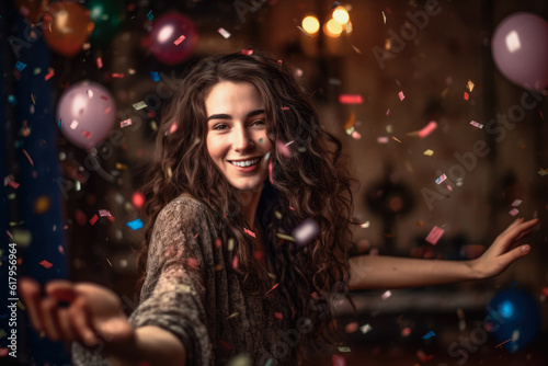 smiling girl with air balloons and falling confetti. home celebration party concept. generative AI
