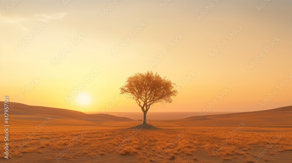 lonely tree in the desert, with footprints of people indicating the direction, sky in a quiet and calm sunset