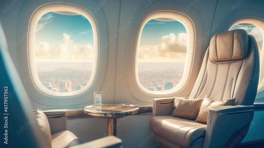 A view of a city from an airplane window. Generative AI.