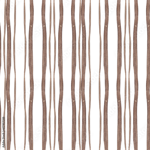Brown stripe. Straight and curved lines. Dynamic template. Seamless abstract pattern of vertical watercolor stripes