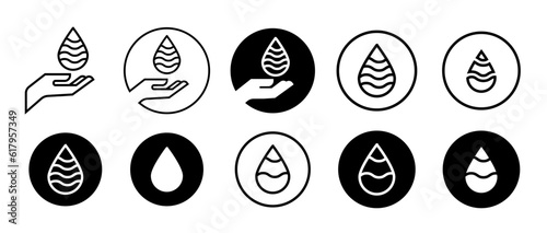 save water icon set collection. Vector black and white illustration of  droplet, mineral, wet drop sign and symbol. Oil, aqua line outlined design. Web app ui icon of reduce usage of water care logo