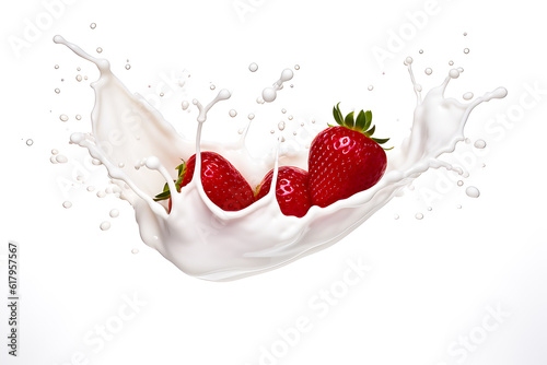 Realistic milk drink or yogurt splash with strawberries isolated on white background - drinks advertisement concept - Generative AI