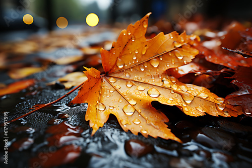 yellow leaf in rainy day in autumn ,background and wallpaper photo