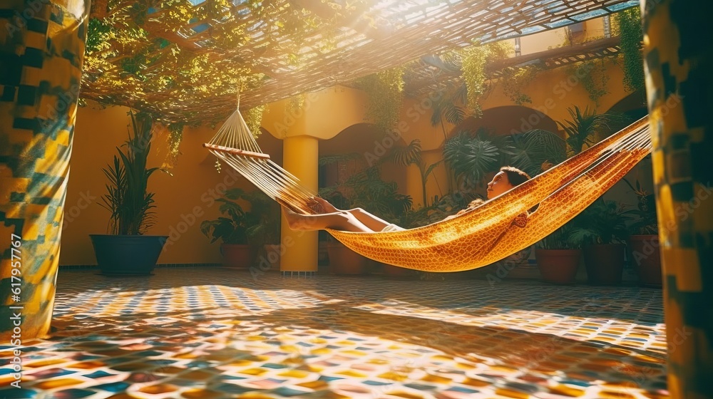 Fototapeta premium model woman in colorful mexican architecture, lying in a hammock enjoying the sun rays