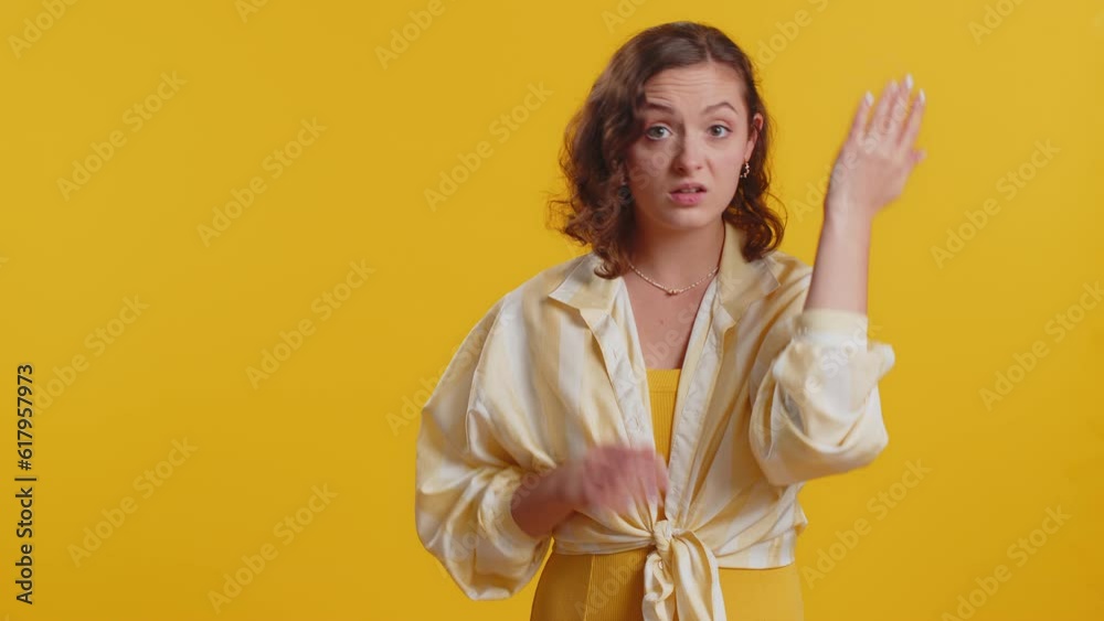 Woman raising hands asking what why reason of failure, demonstrating ...